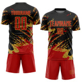 Custom Black Red-Old Gold Abstract Fragment Art Splash Sports Sublimation Soccer Uniform Jersey