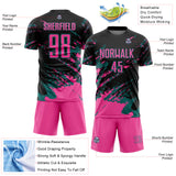 Custom Black Pink-Teal Abstract Fragment Art Splash Sports Sublimation Soccer Uniform Jersey