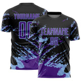 Custom Black Purple-Light Blue Abstract Fragment Art Splash Sports Sublimation Soccer Uniform Jersey