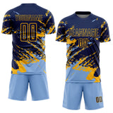 Custom Navy Light Blue-Gold Abstract Fragment Art Splash Sports Sublimation Soccer Uniform Jersey
