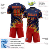 Custom Navy Red-Old Gold Abstract Fragment Art Splash Sports Sublimation Soccer Uniform Jersey