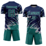 Custom Navy Teal-Gray Abstract Fragment Art Splash Sports Sublimation Soccer Uniform Jersey