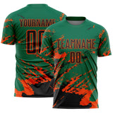 Custom Kelly Green Black-Orange Abstract Fragment Art Splash Sports Sublimation Soccer Uniform Jersey