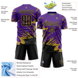 Custom Purple Black-Old Gold Abstract Fragment Art Splash Sports Sublimation Soccer Uniform Jersey