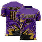 Custom Purple Black-Old Gold Abstract Fragment Art Splash Sports Sublimation Soccer Uniform Jersey