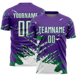 Custom Purple White-Kelly Green Abstract Fragment Art Splash Sports Sublimation Soccer Uniform Jersey