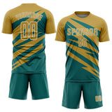 Custom Old Gold Teal-White Abstract Line Sports Sublimation Soccer Uniform Jersey
