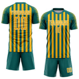 Custom Teal Gold-White Stripe Sports Sublimation Soccer Uniform Jersey