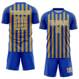 Custom Thunder Blue Old Gold-White Stripe Sports Sublimation Soccer Uniform Jersey