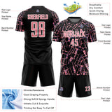 Custom Black Medium Pink-White Abstract Line Sports Sublimation Soccer Uniform Jersey