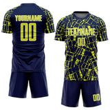 Custom Navy Neon Yellow-White Abstract Line Sports Sublimation Soccer Uniform Jersey