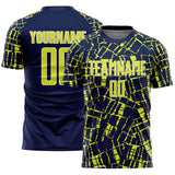 Custom Navy Neon Yellow-White Abstract Line Sports Sublimation Soccer Uniform Jersey