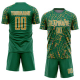 Custom Kelly Green Old Gold-White Abstract Line Sports Sublimation Soccer Uniform Jersey