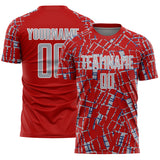Custom Red Gray White-Blue Abstract Line Sports Sublimation Soccer Uniform Jersey