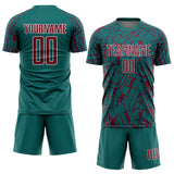 Custom Teal Crimson-White Abstract Line Sports Sublimation Soccer Uniform Jersey