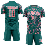Custom Teal Medium Pink-White Abstract Line Sports Sublimation Soccer Uniform Jersey