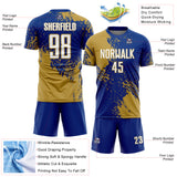 Custom Royal White-Old Gold Abstract Brush Stroke Sports Sublimation Soccer Uniform Jersey
