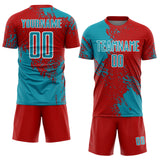 Custom Red Teal-White Abstract Brush Stroke Sports Sublimation Soccer Uniform Jersey