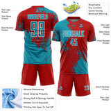 Custom Red Teal-White Abstract Brush Stroke Sports Sublimation Soccer Uniform Jersey