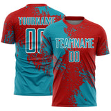 Custom Red Teal-White Abstract Brush Stroke Sports Sublimation Soccer Uniform Jersey
