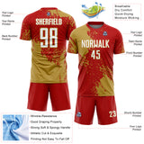 Custom Red White-Old Gold Abstract Brush Stroke Sports Sublimation Soccer Uniform Jersey
