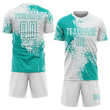 Custom White Aqua Abstract Brush Stroke Sports Sublimation Soccer Uniform Jersey