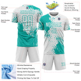 Custom White Aqua Abstract Brush Stroke Sports Sublimation Soccer Uniform Jersey