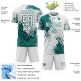 Custom White Teal Abstract Brush Stroke Sports Sublimation Soccer Uniform Jersey