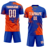 Custom Thunder Blue White-Orange Abstract Brush Stroke Sports Sublimation Soccer Uniform Jersey