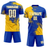 Custom Thunder Blue White-Yellow Abstract Brush Stroke Sports Sublimation Soccer Uniform Jersey
