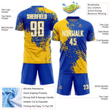 Custom Thunder Blue White-Yellow Abstract Brush Stroke Sports Sublimation Soccer Uniform Jersey