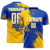 Custom Thunder Blue White-Yellow Abstract Brush Stroke Sports Sublimation Soccer Uniform Jersey