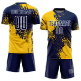 Custom Navy Yellow-White Abstract Brush Stroke Sports Sublimation Soccer Uniform Jersey