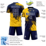 Custom Navy Yellow-White Abstract Brush Stroke Sports Sublimation Soccer Uniform Jersey
