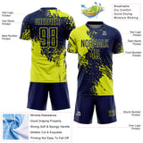 Custom Navy Neon Yellow Abstract Brush Stroke Sports Sublimation Soccer Uniform Jersey
