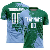 Custom Kelly Green White-Light Blue Abstract Brush Stroke Sports Sublimation Soccer Uniform Jersey