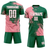 Custom Kelly Green White-Medium Pink Abstract Brush Stroke Sports Sublimation Soccer Uniform Jersey