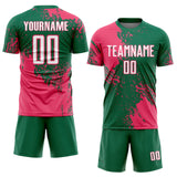 Custom Kelly Green White-Neon Pink Abstract Brush Stroke Sports Sublimation Soccer Uniform Jersey