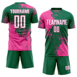 Custom Kelly Green White-Pink Abstract Brush Stroke Sports Sublimation Soccer Uniform Jersey