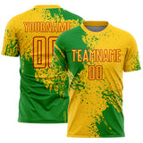 Custom Yellow Grass Green-Red Abstract Brush Stroke Sports Sublimation Soccer Uniform Jersey