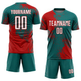 Custom Teal White-Red Abstract Brush Stroke Sports Sublimation Soccer Uniform Jersey
