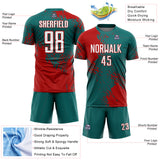Custom Teal White-Red Abstract Brush Stroke Sports Sublimation Soccer Uniform Jersey