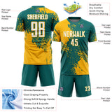 Custom Teal White-Gold Abstract Brush Stroke Sports Sublimation Soccer Uniform Jersey