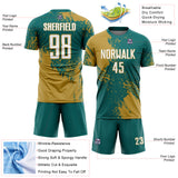 Custom Teal White-Old Gold Abstract Brush Stroke Sports Sublimation Soccer Uniform Jersey