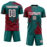 Custom Teal White-Crimson Abstract Brush Stroke Sports Sublimation Soccer Uniform Jersey