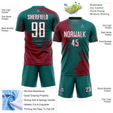 Custom Teal White-Crimson Abstract Brush Stroke Sports Sublimation Soccer Uniform Jersey