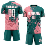 Custom Teal White-Medium Pink Abstract Brush Stroke Sports Sublimation Soccer Uniform Jersey
