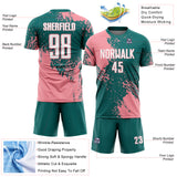 Custom Teal White-Medium Pink Abstract Brush Stroke Sports Sublimation Soccer Uniform Jersey