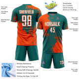 Custom Teal White-Orange Abstract Brush Stroke Sports Sublimation Soccer Uniform Jersey