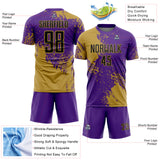 Custom Purple Black-Old Gold Abstract Brush Stroke Sports Sublimation Soccer Uniform Jersey